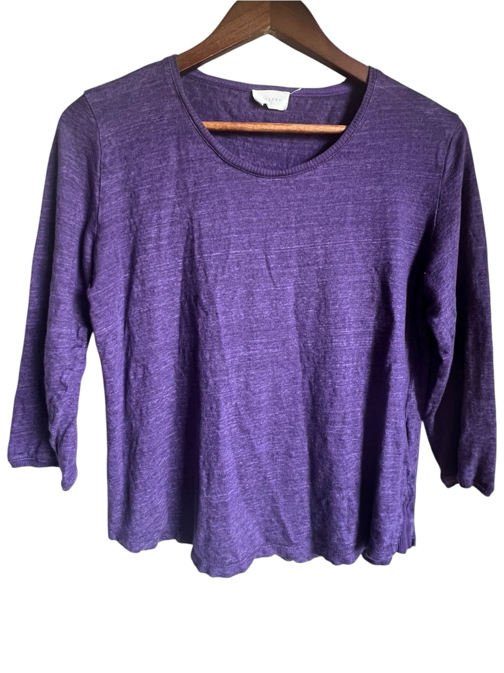 Poetry Womens Size 8 100% Linen Cropped Top Purple 3/4 Sleeve Scoop Neck Relaxed
